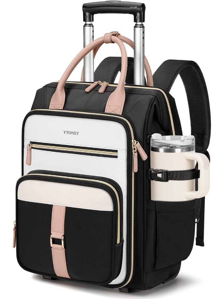 Rolling Backpack For Women, 15.6 Inch Travel Backpack With Wheels, Stylish Rolli